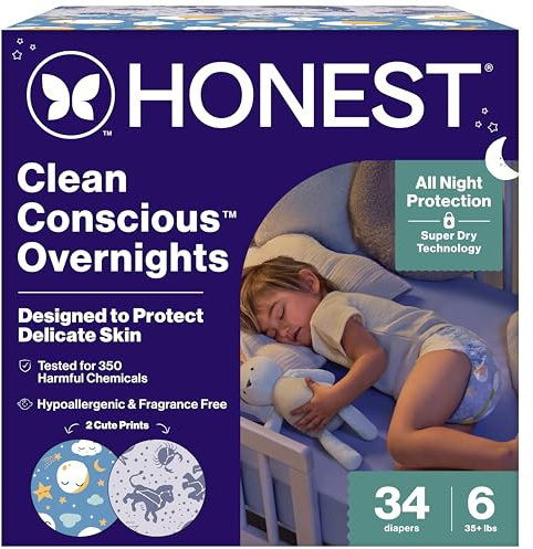 The Honest Company Comfort Dry Overnight Diapers, Up to 12 Hours Protection, Hypoallergenic, Fragrance-Free, Cozy Cloud + Star Signs, Club Box Size 6 (35+ lbs), 34 Count