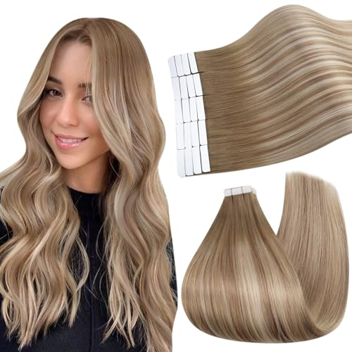 Ugeat Extensiones Pelo Natural Adhesivas Balayage Castaño Claro Liso 30 cm 20pz Extensiones de Cabello Natural Adhesivas Rubio Platino Remy Invisible Cabello Humano 30G