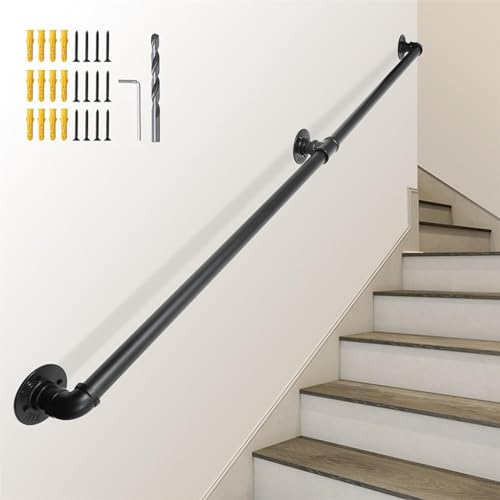 200cm/6.6FT Handlauf Industrial Treppengeländer Rutschfester Haltegriff Galvanisiertes Eisenrohr Wandgeländer Innen Außen für Treppenhaus Garten Hauseingang Gang Handläufe, Schwarz