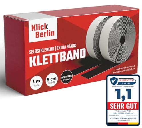 Klick Berlin Klettband Selbstklebend Extra Stark 5 cm breit | Klett Klebeband klebt auf vielen Flächen | Klettverschluss | 50mm breit, 1 Meter lang