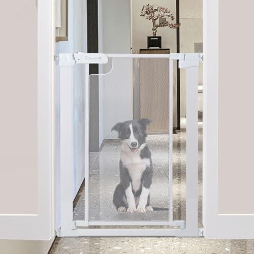 Callowesse Narrow Metal Mesh Child & Pet Gate 76cm High – Pressure Fitted, No Screws, Ideal for Doorways, Stairs & Hallways, Extensions Available (Glacial White) (62-69cm X H76cm)