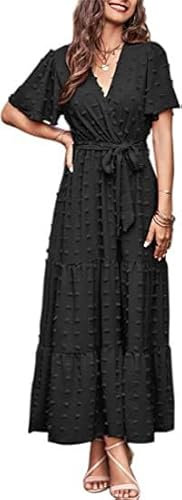 Placitiume Damen Boho Swiss Dot Maxikleid Wickelkleid V-Ausschnitt Flatterärmel A-Linie gestuftes fließendes langes Kleid mit Bindegürtel, Schwarz , XXL