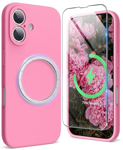 SURPHY Magnetic Design for iPhone 16 Case, Liquid Silicone Protection for Each Lens Shockproof Gel Rubber Phone Case for iPhone 16 6.1 inch 2024, Pink