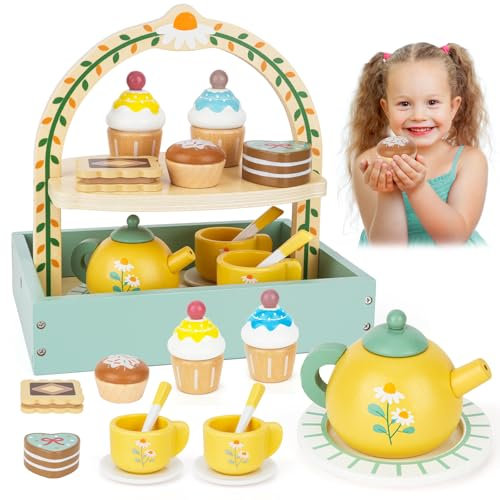 Glacier en Bois pour Enfants, Accessoires de Cuisine pour Enfants, Service à thé, Jouet Montessori à partir de 3 4 5 6 Ans, Service à thé, Jouet en Bois de crème glacée avec gâteau à la crème