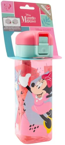 Botella Reutilizable Cuadrada 550ml con Cierre MINNIE MOUSE Sistema Antigoteo Apertura Fácil con Botón | Producto Oficial