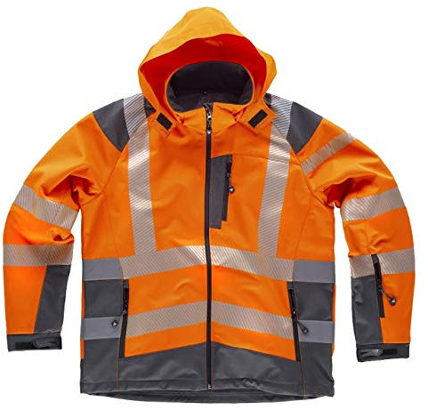 WORKTEAM Chaqueta Softshell de ALTA VISIBILIDAD, Cintas Reflectantes Discontinua, Capucha, Cortavientos, Impermeable, Membrana Transpirable y Alta Capacidad Térmica. Unisex Naranja A.V.+Gris XXL