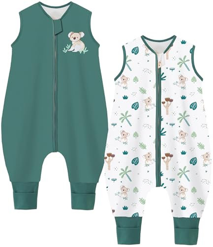 Chilsuessy Baby Schlafsack mit Füßen 2er Pack 1.5 Tog Kinder Ganzjahres Schlafsack 100% Baumwolle Baby Schlafsack mit Beinen, 1.5 Tog/Koala + Grün, 80cm/Baby Höhe 85-95cm