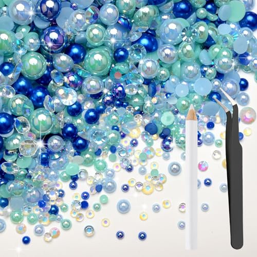 Bouiexye 80g Mix Flatback Pearls and Rhinestones for Crafts Blue Mixed Size 2mm-10mm Half Round Pearls Rhinestones for Nail Art Tumblers Shoes DIY Bedazzling with Tweezers Wax Pen
