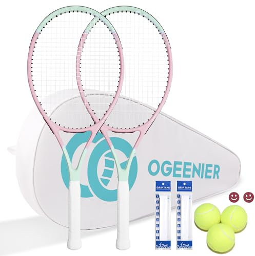 OGEENIER Tennis Rackets Set, Pre-Strung 27 Adult Tennis Racquets for Beginners, 2-Player Set with 3 Balls, 2 Vibration Dampers, 2 Grips, 1 Carrying Bag