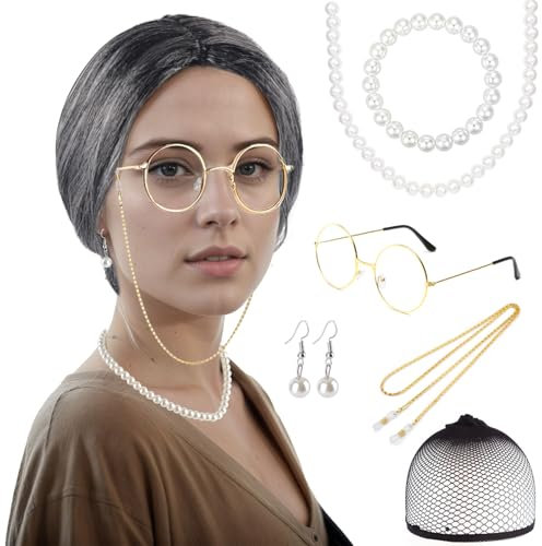 AYNKH 7Stücks Alte Dame Kostüm Sets Grau Oma Perücke Brille Ohrringe Halskette Armband Gangster Oma Kostüm Fancy Dress Zubehör für Halloween Karneval Party Buch Tag