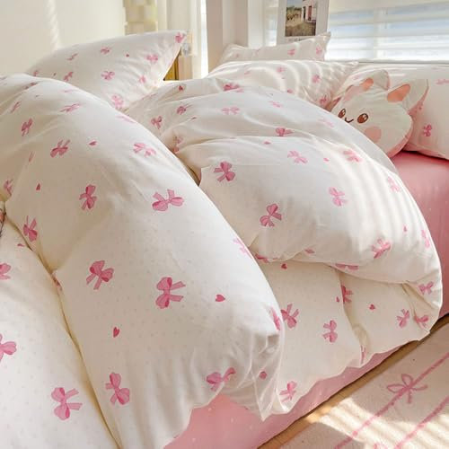 Michorinee Bettwäsche 135x200 Rosa Weiß mit Rosa Schleifen Herzen Muster Aesthetic Bettbezug Set 2 Teilig Mikrofaser Weich ÖKO-TEX Renforcé Bettwäsche-Sets mit Kissenbezüge 80x80 cm und Reißverschluss