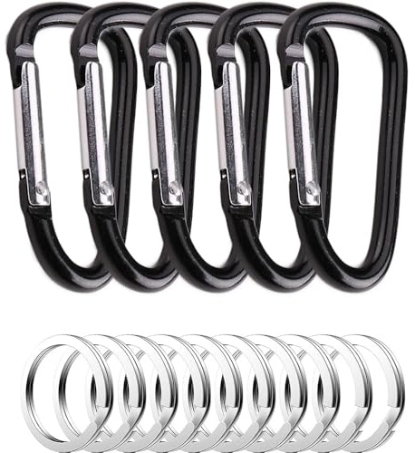 5 Stück Metallkarabinerhaken, komplett mit 10 Schlüsselringen, leicht und tragbar, geeignet Rucksäcke, Gürtel Schlüsselketten für Camping, Angeln, Wandern oder Reisen (schwarz)
