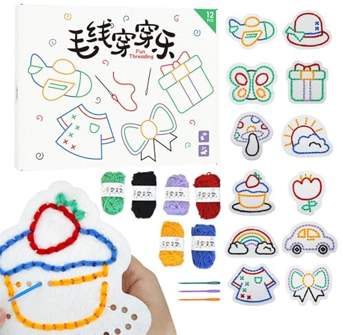Kids sewing kit, snörkort för barn – roligt handgjort trådkit – finmotoriskt skicklighetsspel, sensoriskt förskolehantverk, icke-vävt mönster, broderispel för tristess lättnad