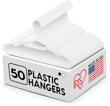 IRIS USA Lightweight Flexible Hangers 50 Pack, Made in USA, Plastic Clothes Hangers with Shoulder Grooves & Accessory Hooks, Dorm Apartment Essentials, Adult Hangers for Light Shirts Clothing, White