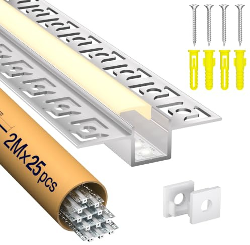 LASLUX 25 x LED Trockenbauprofil 2M Aluminium Profil für Strip Schiene Unterputz Kanal und Diffusor Aufputz für Indirekte Beleuchtung Decker