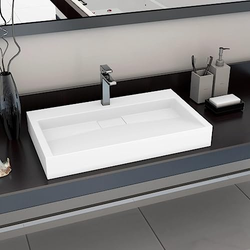 Lavabo da Appoggio o Sospeso, in Ghisa Minerale con Finitura Marmo Bianco, Design Moderno per Bagno, Doppia Opzione di Montaggio, 80 x 46 x 11 cm