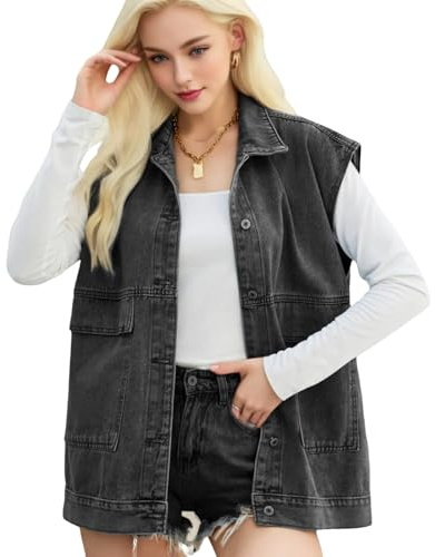 VigelEther Oversize Jeansweste für Damen | Super Größe, Ärmellose Cowboyjacke, Damen Jacken, Locker Geschnitten, mit Knopfleiste und Taschen