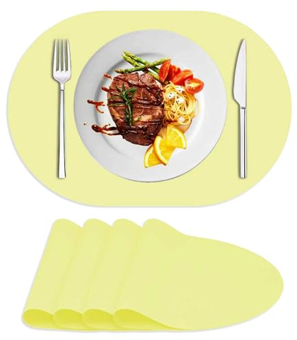 Siliconty Tovagliette in Silicone Ovali Set di 4, Tovagliette Resistenti al Calore, Sottopiatti Antiscivolo per Tavolo, Impermeabili e Facili da Pulire, 43cm x 30cm x 0.7mm LSR Traslucido(Giallo 4pcs)