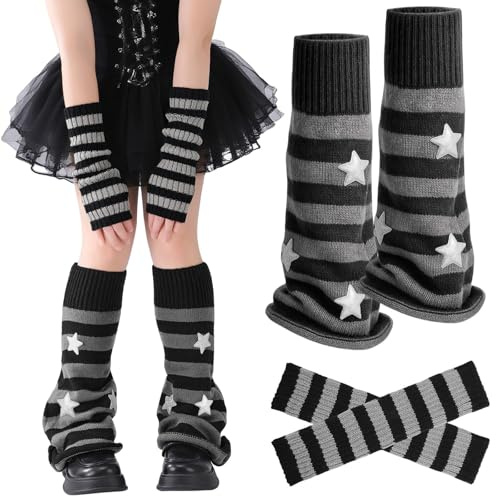Zimocepuz Süße Beinwärmer für Damen, Star Gestreifte Gestrickte Armwärmer,Streetwear Gestreifte Beinabdeckung,Gestrickte Warme Oberschenkel Hohe Socken