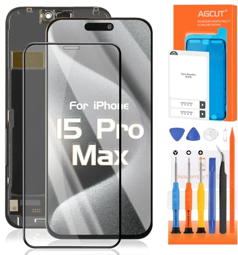 AGCUT Bildschirm Ersatz für iPhone 15 Pro Max A3105 A3093 A3111 6,7 Zoll LCD Display Bildschirmersatz 3D Touch Screen Komplette Montage mit Reparatur Set, Schwarz