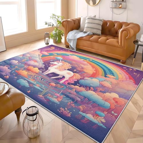 Einhorn Regenbogen (Cartoon) Kurzflor Teppich für Schlafzimmer, Wohnzimmer 80x150 cm Bunt Teppich Maschinenwaschbar Schnelltrocknend Perfekt Auch für Haushalte mit viel Aktivität