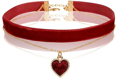 Choker Kette Damen,Geschichtet Verstellbare Halsband Damen Schmuck,Joker Collar Choker Schwarz Necklace 90er,Samt Herz Halskette Rot Women für Mädchen Gothic Karneval Party Cosplay Deko Geschenke (A)