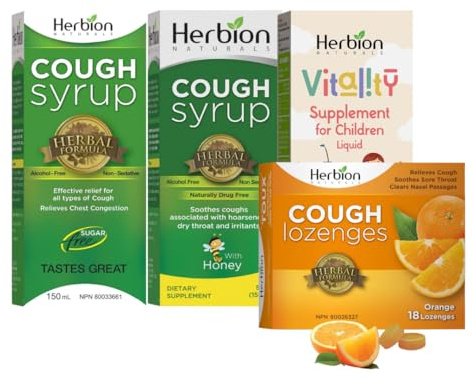 Herbion Naturals Familien-Hustenpflege-Bundle – Orangen-Hustenbonbons 18 Stk., Honig-Hustensirup, Zuckerfreier Hustensirup & Kinder-Vitalitäts-Sirup 150 ml