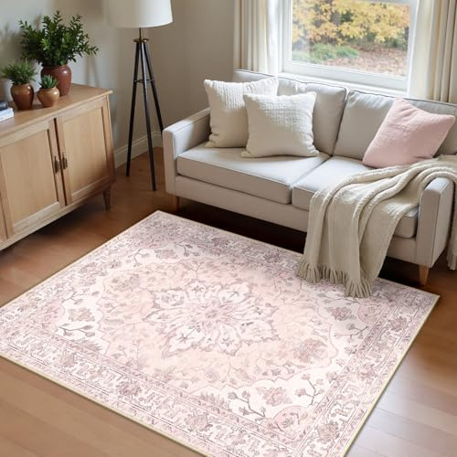 INOVADAY Teppich Wohnzimmer Waschbar 120x180 cm Retro Rosa | Teppich Schlafzimmer, Vintage Teppich Waschbar, Esszimmer, Büro, Kurzflor Rutschfest, Boho, Retro, Weich, OEKO, Gedruckte