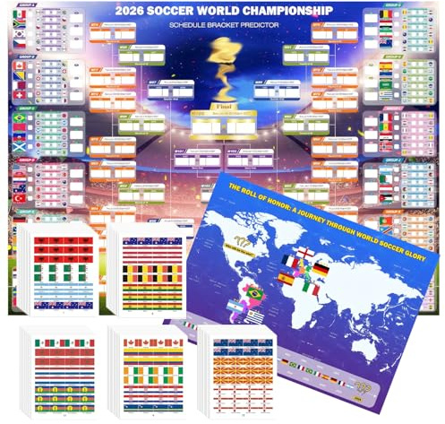 World Cup Wall Chart 2026, Complete Football Tracking Poster Set with 600 Flag Stickers, Match Poster for Home and Sports Venue Decorations, World Cup 2026 Merchandise and Party Organisation