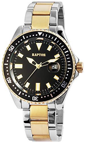 Raptor Herren-Uhr mit Edelstahl Gliederband Datumsanzeige Leuchtzeiger Durchmesser 43mm Analog Uhr Bicolor schwarz