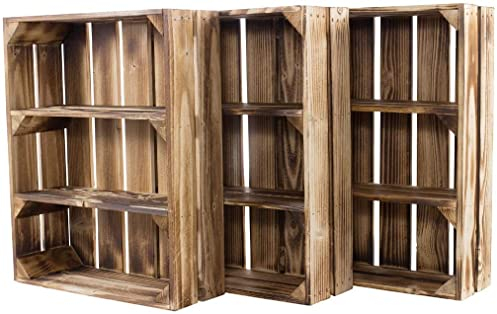 Obstkisten Online 3 Stück geflammte/gebrannte Kiste flach mit 3 Fächern 50cm x 40cm x 16cm Gewürzregal Regal Holzregal Kiste Obstkisten Weinkisten
