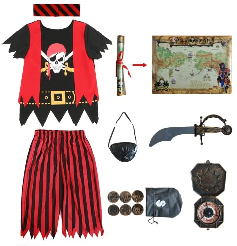 Aufrichtige Partei Piratenkostüm für Kinder, Piraten-Rollenspiel-Kits 8er Komplettset Größe 7-8 Jahre