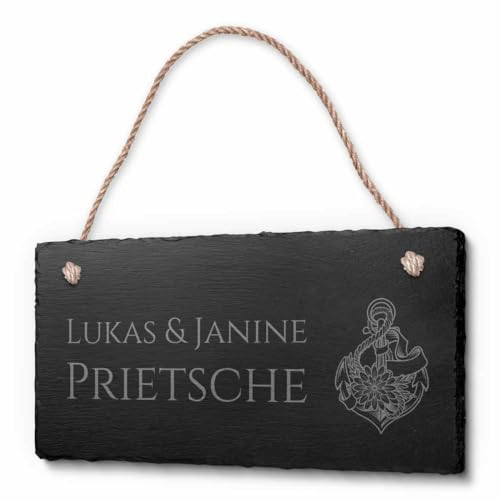 Schöne Schiefer Türschilder für die Haustür mit Gravur | Schiefer-Schild mit Kordel zum Aufhängen in ca. 20x10 cm Gravierte Namensschilder Klingelschilder mit Namen oder Texten Herzlich Willkommen