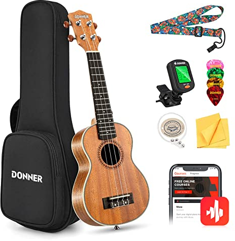 Donner Sopran Ukulele 21 Zoll für Anfänger Kinder Erwachsene Ukulele Starter Kit Mahagonieholz mit Nylon Saiten Hawaii Gitarre DUS200