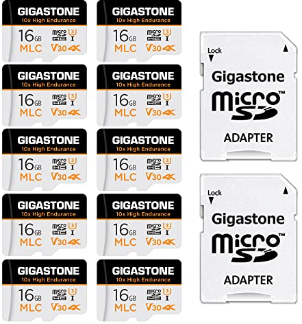Gigastone MLC 10x High Endurance 16GB MicroSDHC Speicherkarte 10er-Pack und SD Adapter, bis zu 95/30 MB/s ideal für 4K Videoaufnahme, Kompatibel mit Dashcam Überwachungskamera, UHS-I U3 V30 Klasse 10