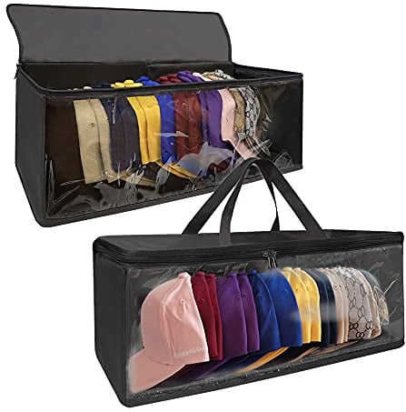 ohihuw 2 Pack Hat Organizer for Closet, 8.6 Width Widened Design, Large Hat Box, Baseball Cap Storage Bag with Carrying Handles & Lid, Solid Structure with Plastic Boards (Black)