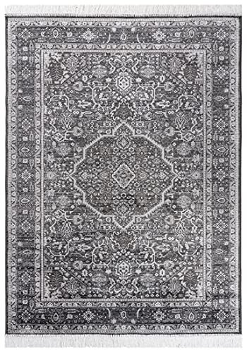 Carpeto Rugs Teppich mit Fransen Orientalisch in Schwarz Grau - Wohnzimmer Schlafzimmer - Klassisch Orient Muster dicht gewebt - Kurzflor Weiche Viskose - Faser 120 x 170 cm
