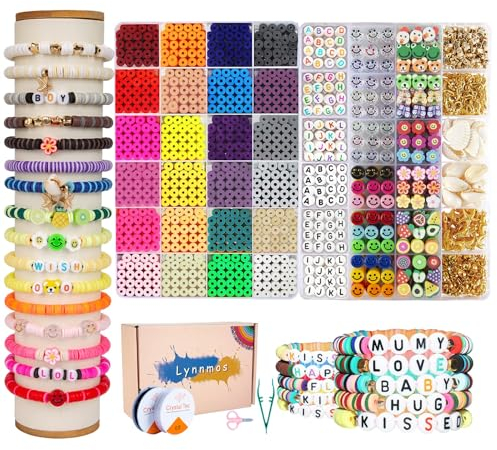 Perlen zum Auffädeln, 7200+ Stück Perlen Set, 6mm Polymer Clay Perlen für armbänder, 2 Boxen Armbänder Selber Machen mit Buchstaben, Armband Schmuckherstellung Kit für Ringen Halsketten Geschenk