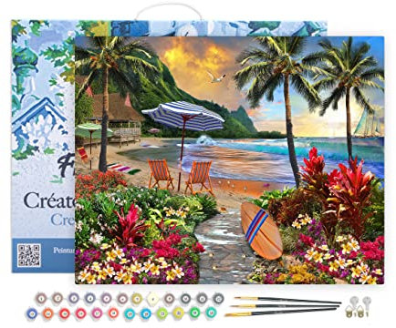 Figured'Art Peinture par Numéro Adulte avec Cadre Sous les cocotiers - Activité Manuelle Kit de Loisir Créatif DIY Numéro d'Art Complet - 40x50cm toile tendue sur châssis