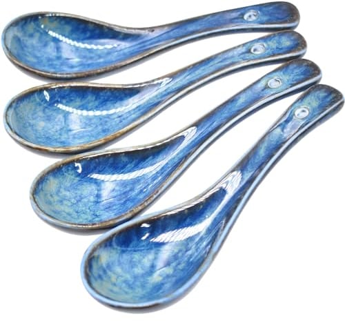 BOEEA 4 Pieces Soup Spoon Set, Asian Soup Spoon, Long Handle Ceramic Soup Spoons, Retro Blue Ramen Bowl Soup Spoon Suitable for Soup, Dumplings, Gravy, Cake, Oatmeal