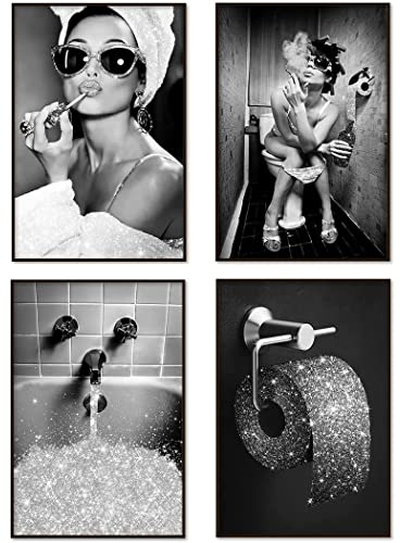 ENROR Lot de 4 tableaux de salle de bain - Impression sur toile noire et blanche - Pour femme - 30 x 40 cm x 4 cm - Sans cadre