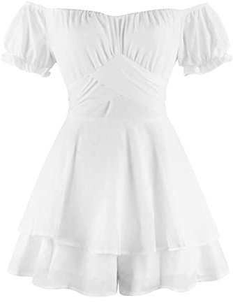Women Boho Romper Off Shoulder Ruffle Chiffon Shorts Mini Dress Floral Print One Piece Casual Strapless Jumpsuit Double Layer Ruffle Hem Playsuits Beach Summer Dresses Overall Outfit White Large