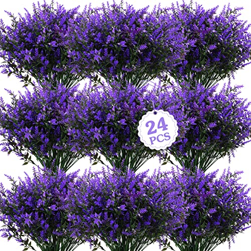 24 Bündel künstlicher Lavendelblumenstrauß, künstlicher Lavendel, UV-beständig, für den Außenbereich, künstliche Sträucher, Blumen, Kunststoff, grüne Sträucher für Garten, Box, Dekoration (lila)