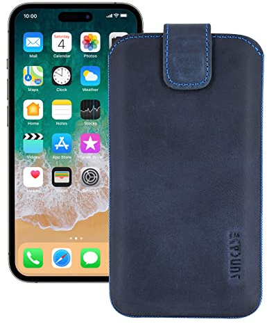 Suncase ECHT Leder Tasche kompatibel mit iPhone 14 Pro (6,1 Zoll) mit ZUSÄTZLICHER Transparent Hülle | Schale | Silikon Bumper Handytasche (mit Rückzugsfunktion und Magnetverschluss) in Pebble Blue