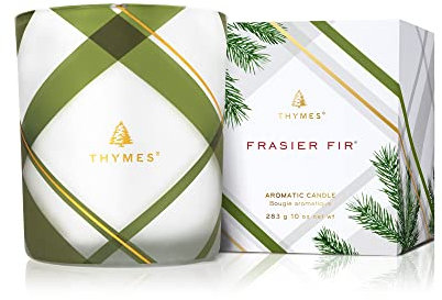 Thymes Frasier Tannenkerze – Frosted Plaid Collection – Grünes & Weißes Glasglas Design – Duftkerzen für Heimdekoration – Noten von knackiger sibirischer Tanne, Zedernholz und Sandelholz (Medium, 284