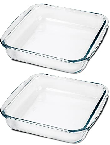 Paquete de 2 Fuentes de Horno Cuadrado, Moldes para Hornear de Cristal, capacidad 1.8 L - Longitud 24.8 x Profundidad 22.2 x Altura 5.2 cm -JUANIO-