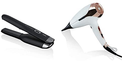 ghd Unplugged Styler - Piastra per capelli senza fili (Nera) & Helios Asciugacapelli - Asciugacapelli Professionale (Bianco), 32 x 24.8 x 10.9 cm; 740 grammi, One Size