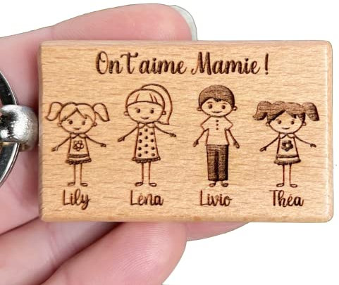 Porte clé famille personnalisé en bois, cadeau fête des grands mères, fête des mères, fête des mamies... avec personnages