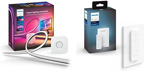 Philips Hue White and Color Ambiance, Kit démarrage Lightstrip Hue Play gradient PC pour écran triple de 24-27 pouces + Pont Dim Switch Télécommande nomade variateur de lumière V2