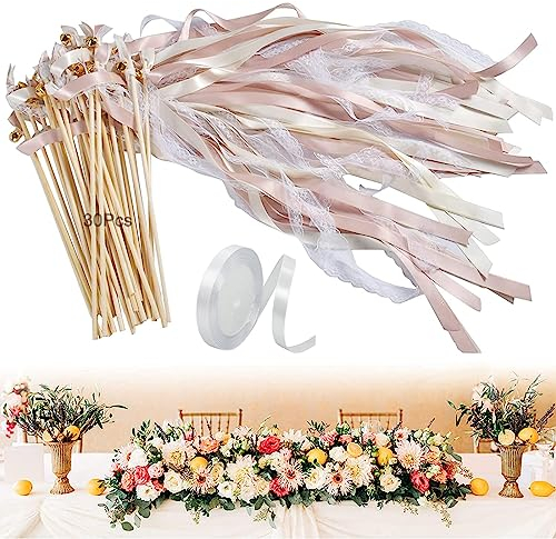 Baguette Ruban Mariage 30 Pièces, Baguettes de Mariage avec Cloches, Baguette Mariage Ruban Bâtons de Ruban Pour Mariage Baguettes de Mariage fée Bâton,pour Les Mariages,Anniversaires et Fêtes (rose)